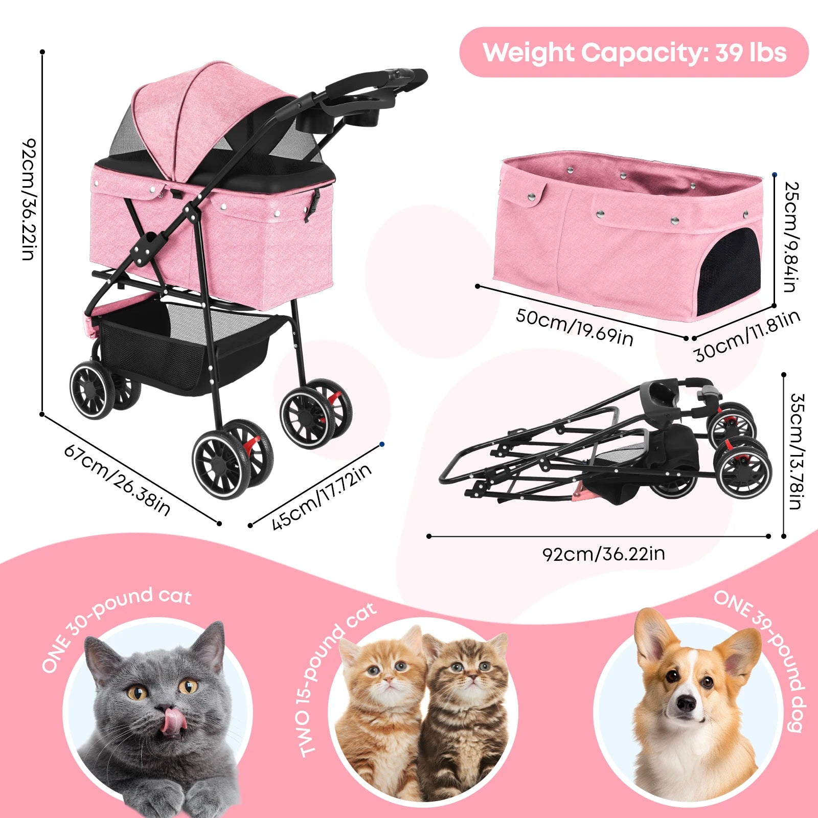 Pet Stroller For Small Pets, Portable Dog Stroller, Foldable, Carrier