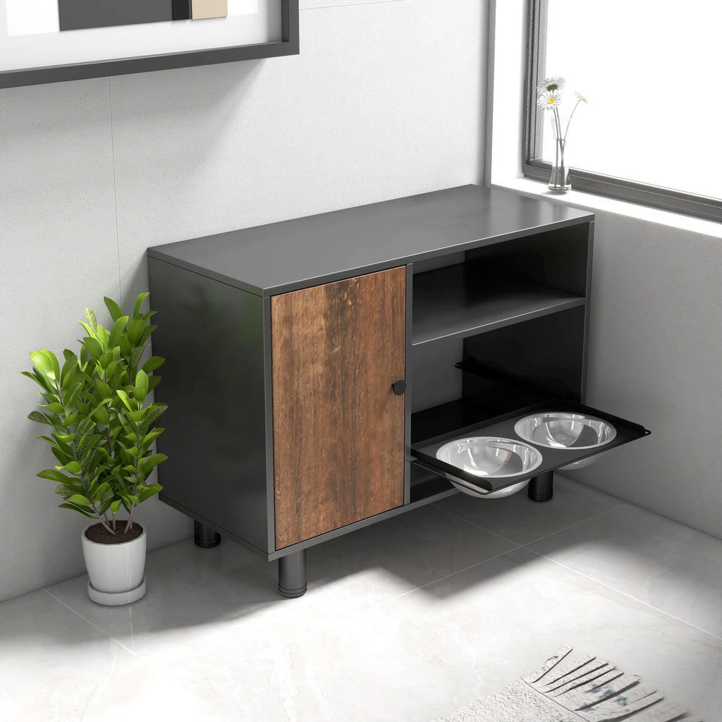 Large Pet Feeding Table, Dog Food Storage Cabinet, Stainless Steel Double Pull Out Raised Feeding Watering Bowl