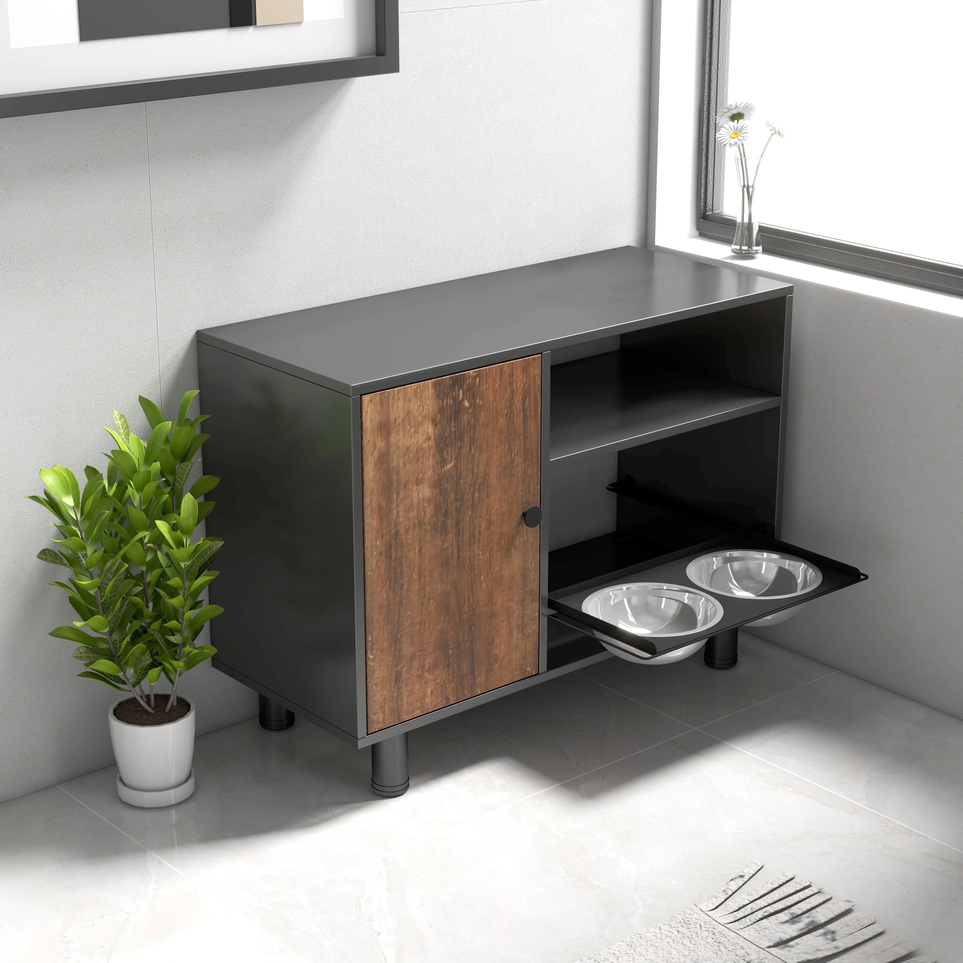 Large Pet Feeding Table, Dog Food Storage Cabinet, Stainless Steel Double Pull Out Raised Feeding Watering Bowl