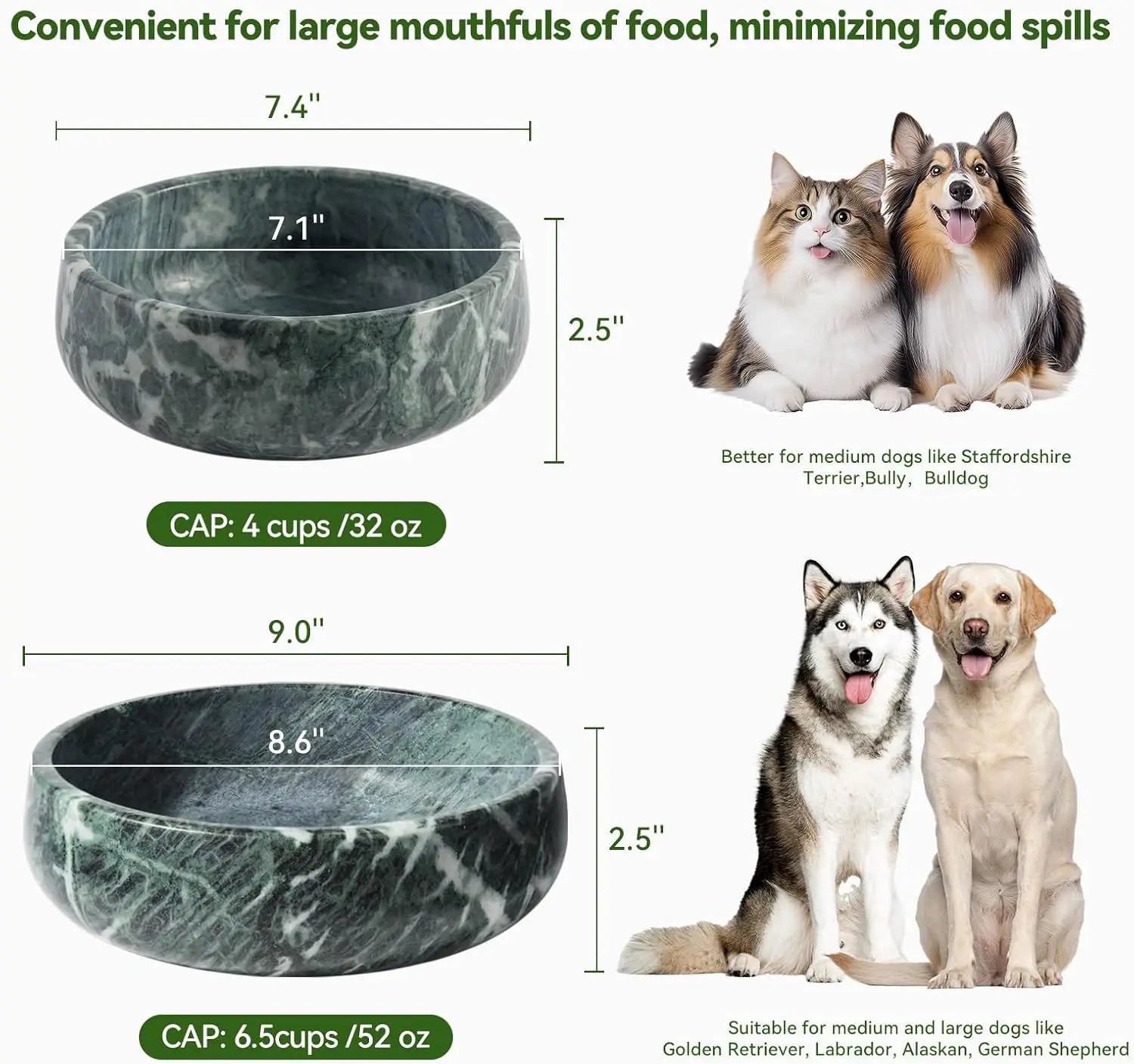 Natural Marble Pet Bowl, Non-Slip, Dogs and Cats, Durable, Easy-Clean