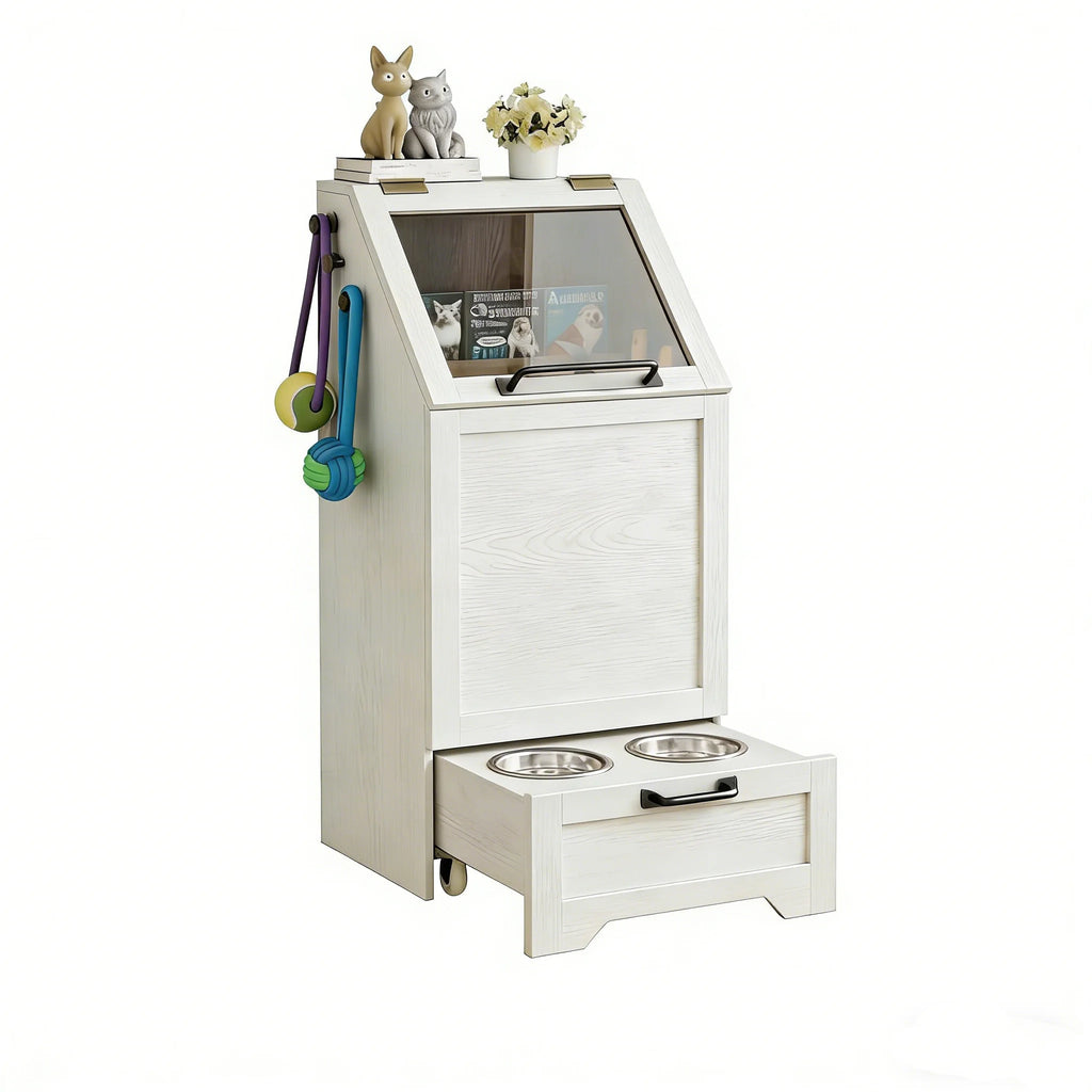 Dog Food Station ,Storage, Raised Bowls, Cabinet with Hanger for Feeding